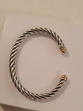 ALS Open Cuff Cable Bracelet in Sterling Silver with Gold Accents